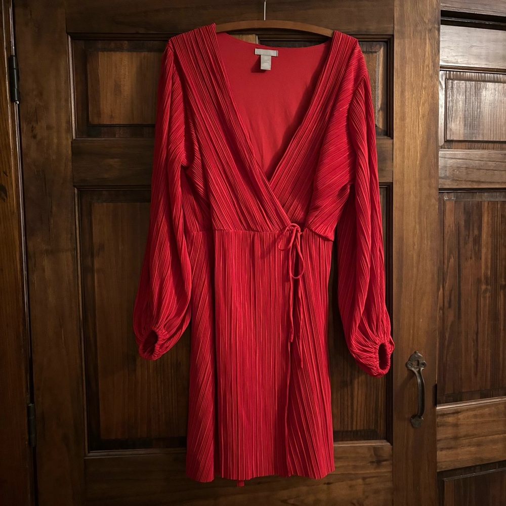 H&M Vibrant Red Pleated Wrap-Front Long Sleeve Dress